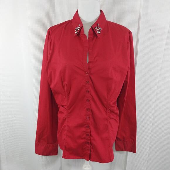 NEW YORK & CO.! ROUGE RED COTTON BLEND JEWELED COLLAR BUTTON FRONT BLOUSE! SZ XL - Picture 2 of 10